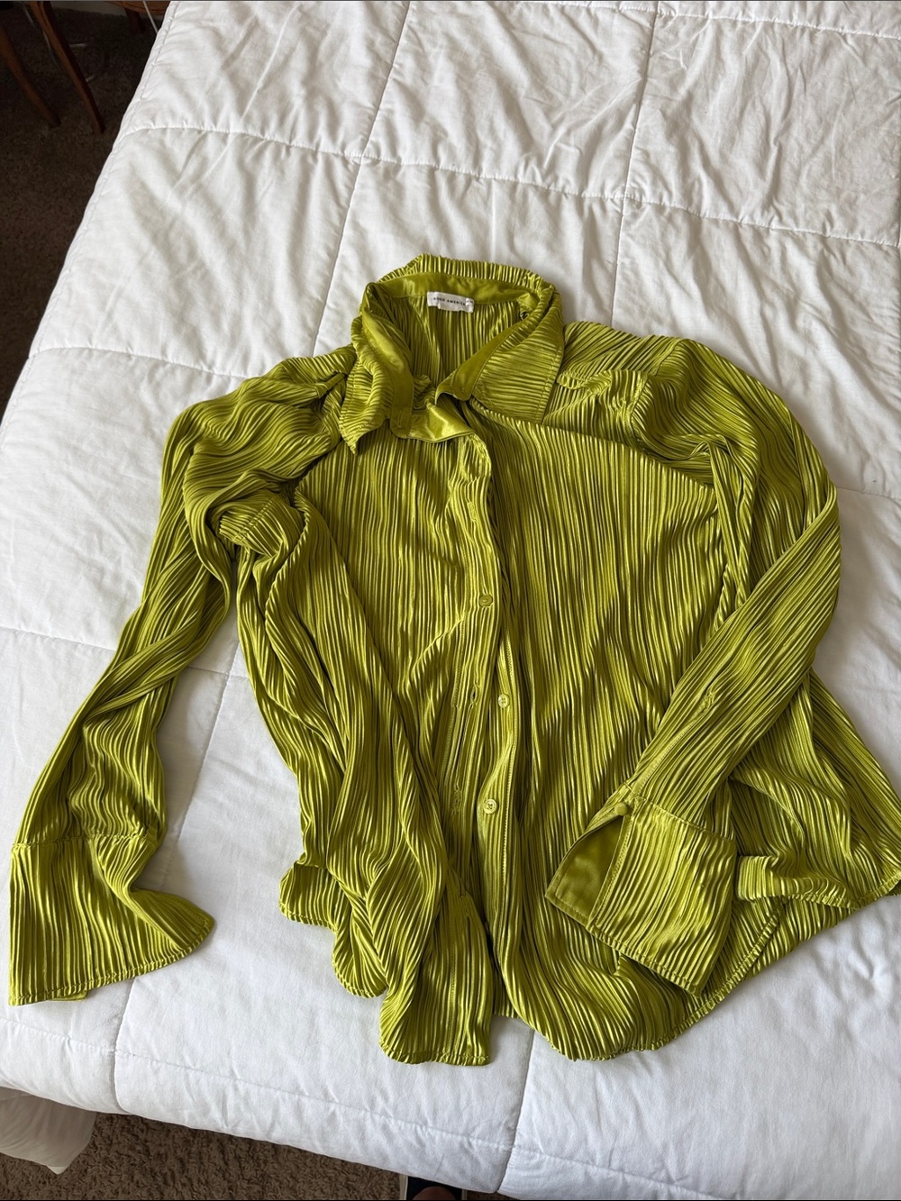 Good American Pleated Button-Down Shirt in Chartreuse Green
